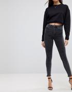 Asos Ridley High Waist Skinny Jeans In Mottled Black With Raw Hem - Black