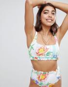 Asos Design Floral Stripe Frill Square Neck Crop Bikini Top-multi