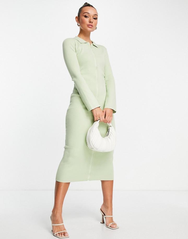 Pretty Lavish Zip Front Knit Shirt Dress In Mint-green