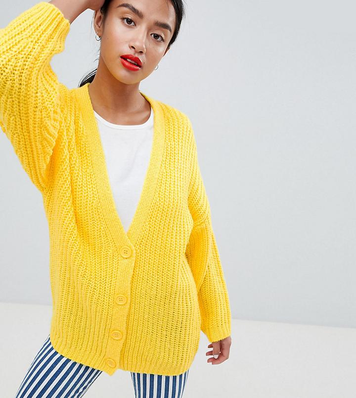 Asos Design Petite Oversize Cardigan In Chunky Rib With Buttons - Yellow
