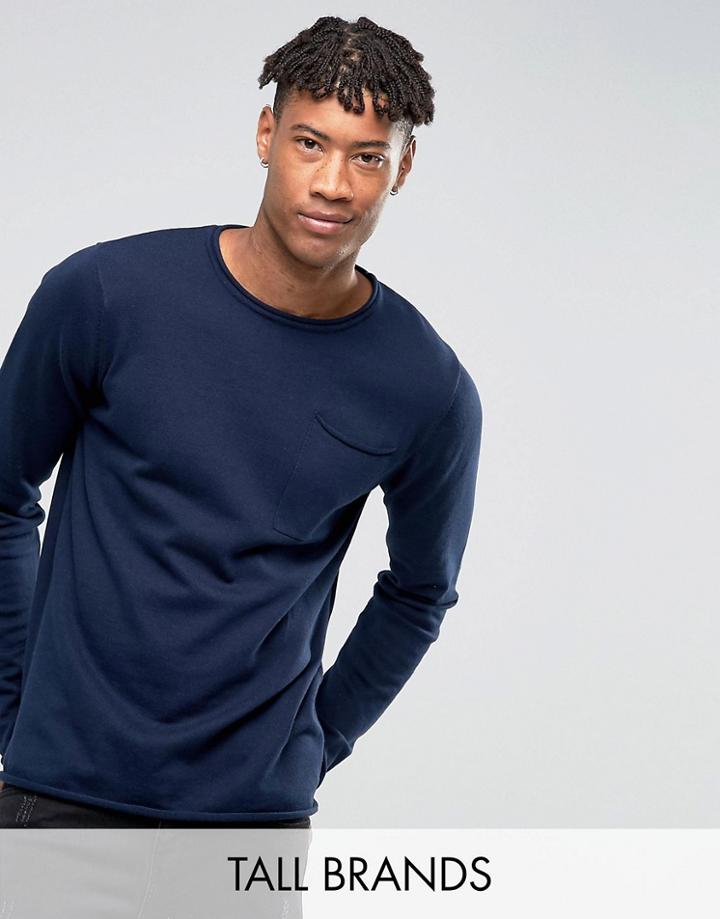 D-struct Tall Knitwear Fine Gauge Crew Neck Knit With Pocket - Navy
