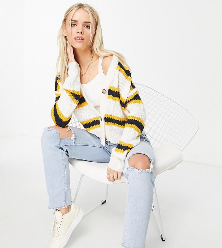 Brave Soul Petite Elenor Boxy Striped Cardigan-white