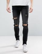 Liquor & Poker Zip Skinny Jean Open Rips Black Wash - Black