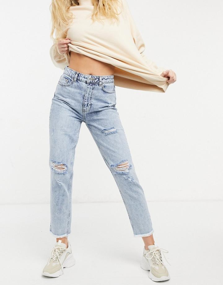 New Look Acid Wash Ripped Mom Jeans In Light Blue-blues
