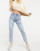 New Look Acid Wash Ripped Mom Jeans In Light Blue-blues