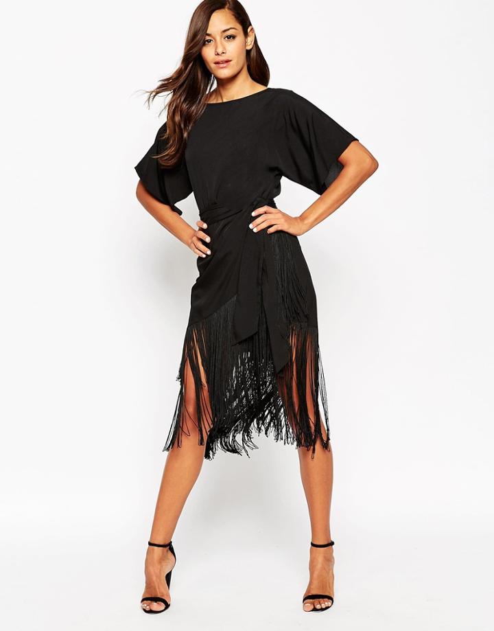 Asos T-shirt Fringe Midi Dress - Black
