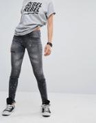 Daisy Street Skinny Jeans With Distressing And Bleach Splash - Black