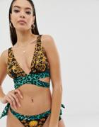 Asos Design Recycled Deep Band Plunge Bikini Top In Animal Baroque Print-multi