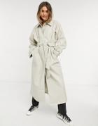 Asos Design Collared Faux Leather Trench Coat In Putty-white