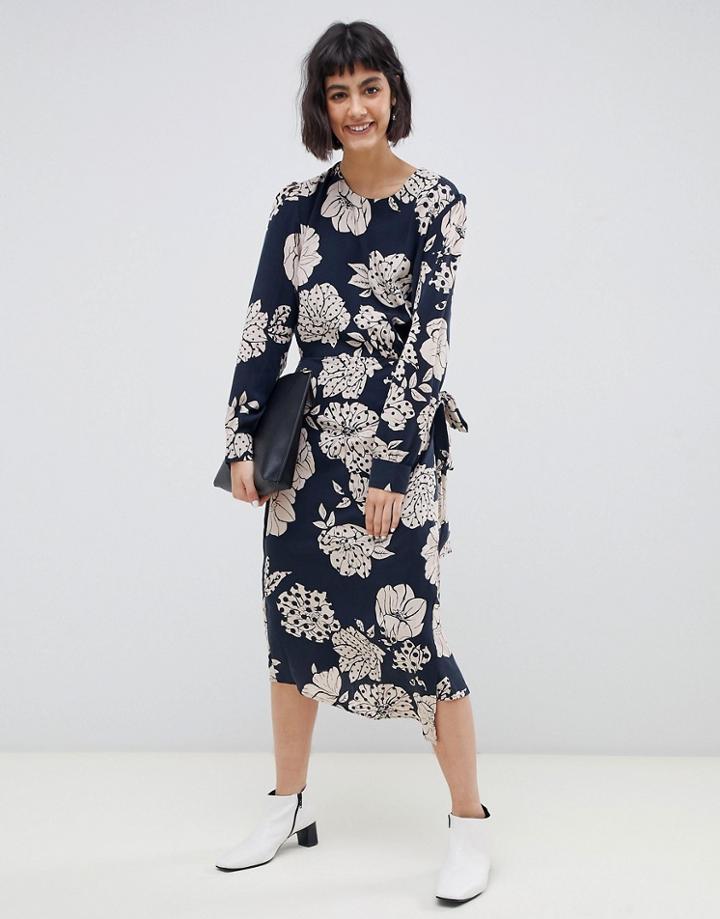 Selected Fritzi Floral Print Wrap Midi Dress-navy