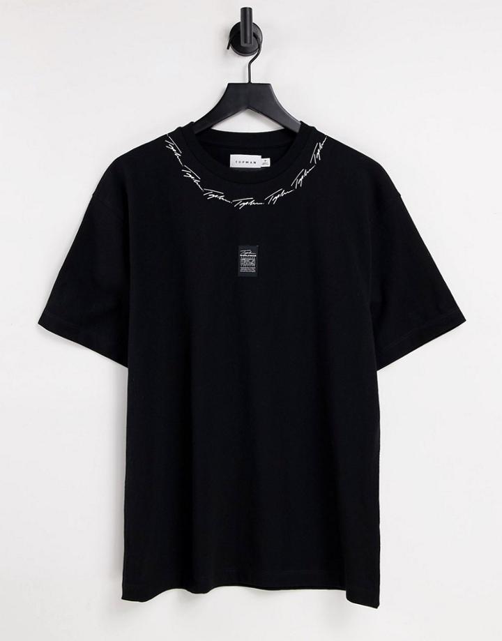Topman Oversized T-shirt With Badge And Neck Print In Black