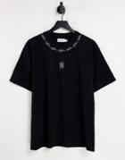 Topman Oversized T-shirt With Badge And Neck Print In Black
