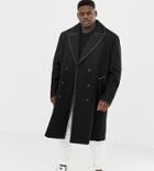 Asos Design Plus Wool Mix Double Breasted Overcoat In Black - Black