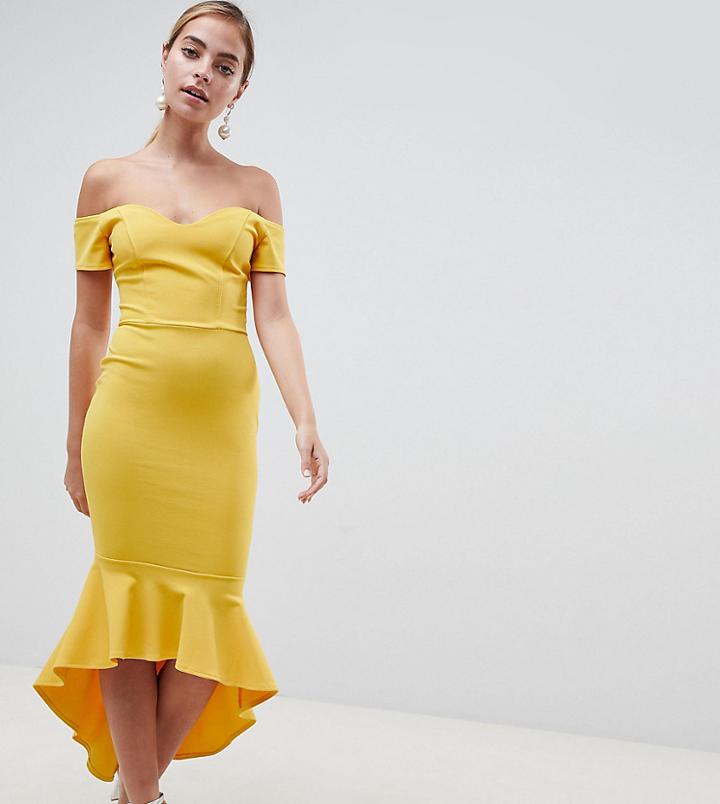 John Zack Petite Off Shoulder Ruffle Midi Dress - Yellow