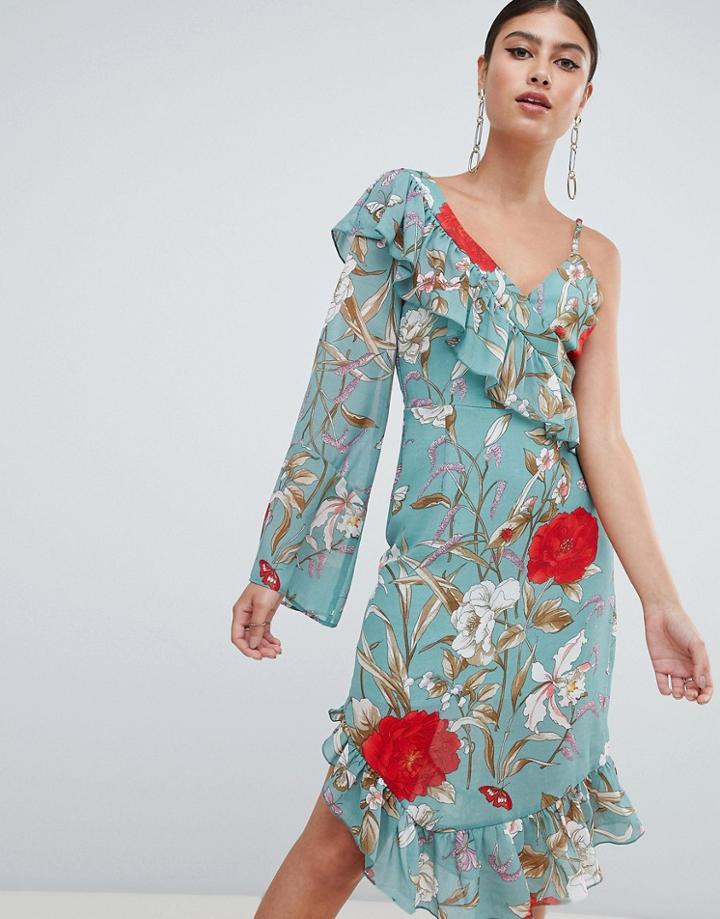 Missguided Asymmetric Frill Detail Floral Midi Dress - Green