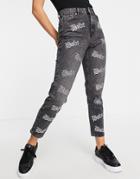 Topshop Mom Jeans With Embellishment In Washed Black