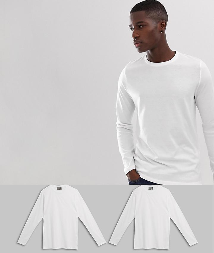 Asos Design Organic Long Sleeve T-shirt With Crew Neck 2 Pack Multipack Saving - White