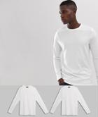 Asos Design Organic Long Sleeve T-shirt With Crew Neck 2 Pack Multipack Saving - White