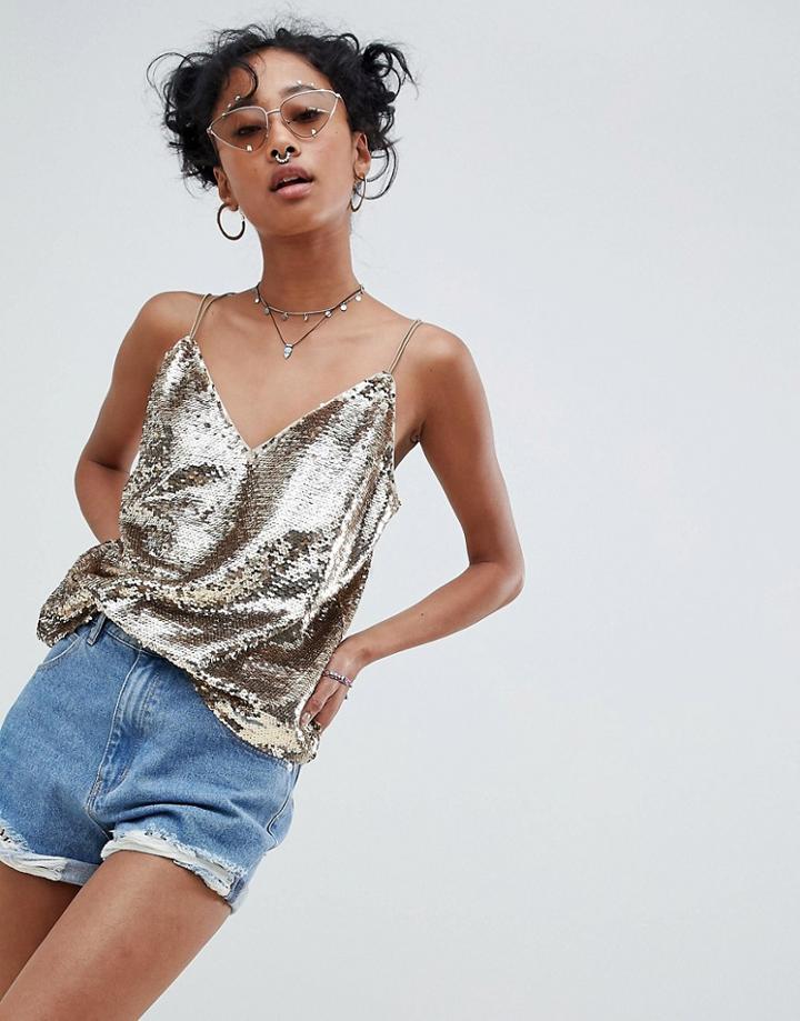 Asos Design Sequin Cami With Strap Detail-gold