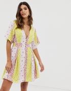 Skylar Rose Tea Dress In Contrast Floral Print With Open Back-purple