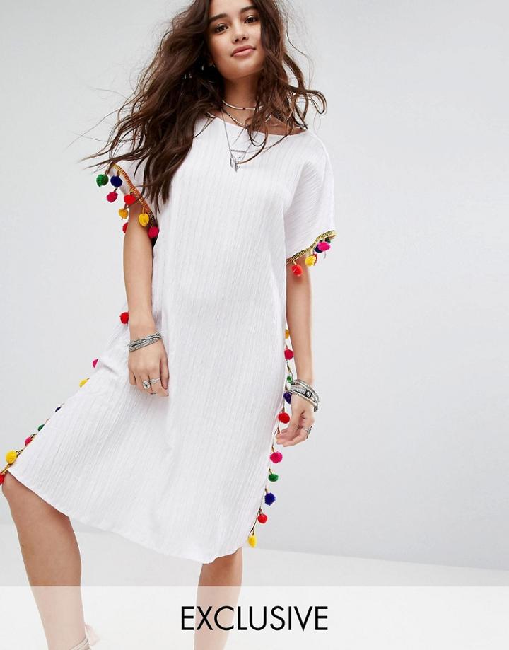 Reclaimed Vintage Inspired Caftan Dress With V Back & Pom Pom Trim - White