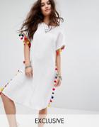 Reclaimed Vintage Inspired Caftan Dress With V Back & Pom Pom Trim - White