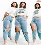 Asos Design Curve High Rise 'original' Mom Jeans In Midwash Blue With Rips-blues