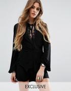 Rokoko Romper With Bell Sleeves And Tie Plunge Front - Black