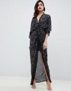 Asos Design Scatter Sequin Knot Front Kimono Maxi Dress - Black