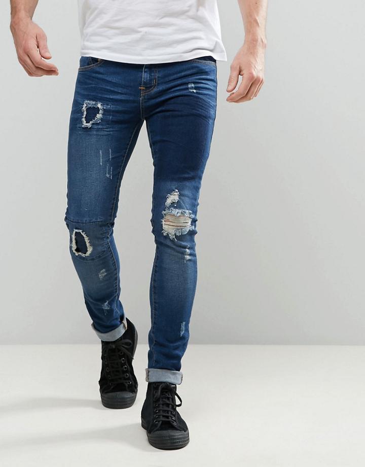 Always Rare Dexter Super Skinny Jean Dark Wash Patchwork Rips - Blue