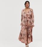 Lovedrobe Button Front Midaxi Dress With Blouson Sleeve And Ruffle Skirt In Pink Floral - Pink