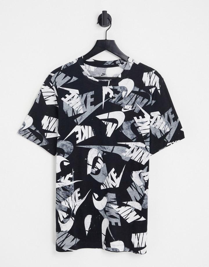 Nike Club All Over Logo Print T-shirt In Black