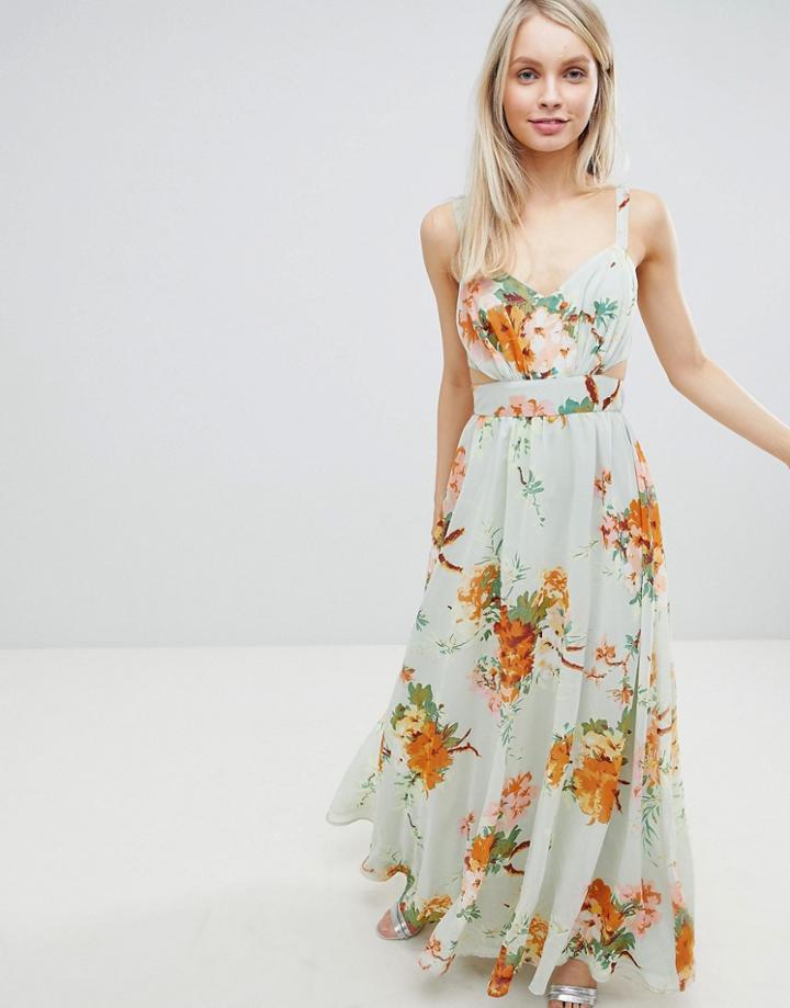 Asos Design Maxi Dress With Side Cut Out In Green Floral Print - Multi
