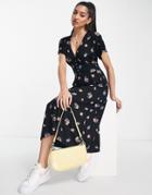 Asos Design Waisted Midi Tea Dress With Buttons In Black Base Floral-multi
