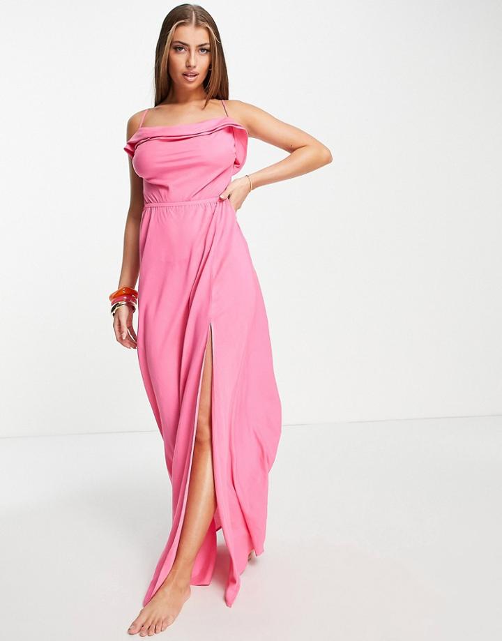 Asos Design Fuller Bust Drape Detail Low Back Beach Maxi Beach Dress In Pink-blue