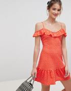 Asos Design Mini Sundress With Frill Open Back In Polka Dot - Multi