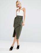 Lavish Alice Tie Front Asymmetric Wrap Midi Skirt - Green