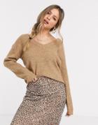 Pieces Ella V Neck Wool Sweater In Brown