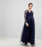 Asos Maternity Lace Maxi Dress With Long Sleeves - Navy