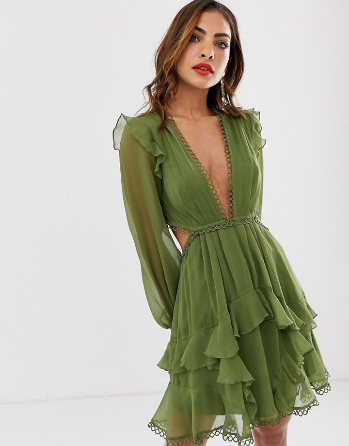 Asos Design Mini Dress With Long Sleeve And Circle Trim - Green