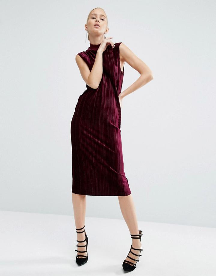 Asos Pleated Velvet High Neck Column Dress - Purple