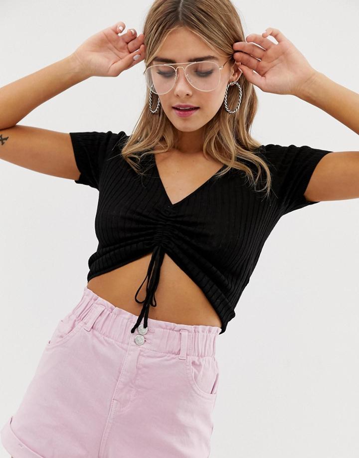 Bershka Ruched Front Top In Black - Black