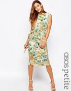 Asos Petite Belted Dress With Split Cap Sleeve And Pencil Skirt In Floral Print - Pink Floral