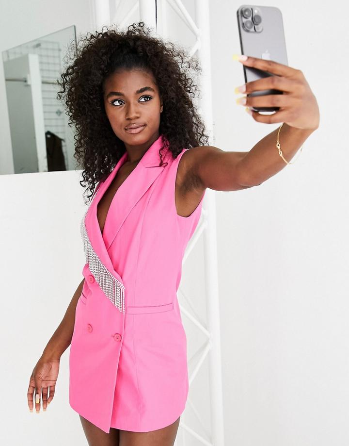 Miss Selfridge Diamante Fringe Sleeveless Blazer Dress In Pink-purple