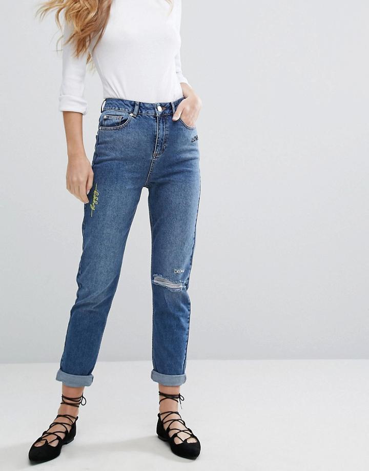 Miss Selfridge Slogan Embroidered Mom Jeans - Blue