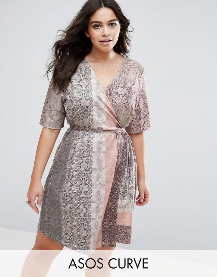 Asos Curve Snakeskin Print Wrap Detail Shift Dress - Multi