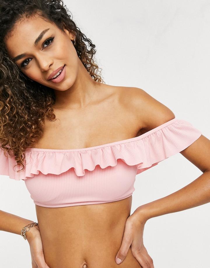 New Look Rib Frill Bikini Top In Light Pink