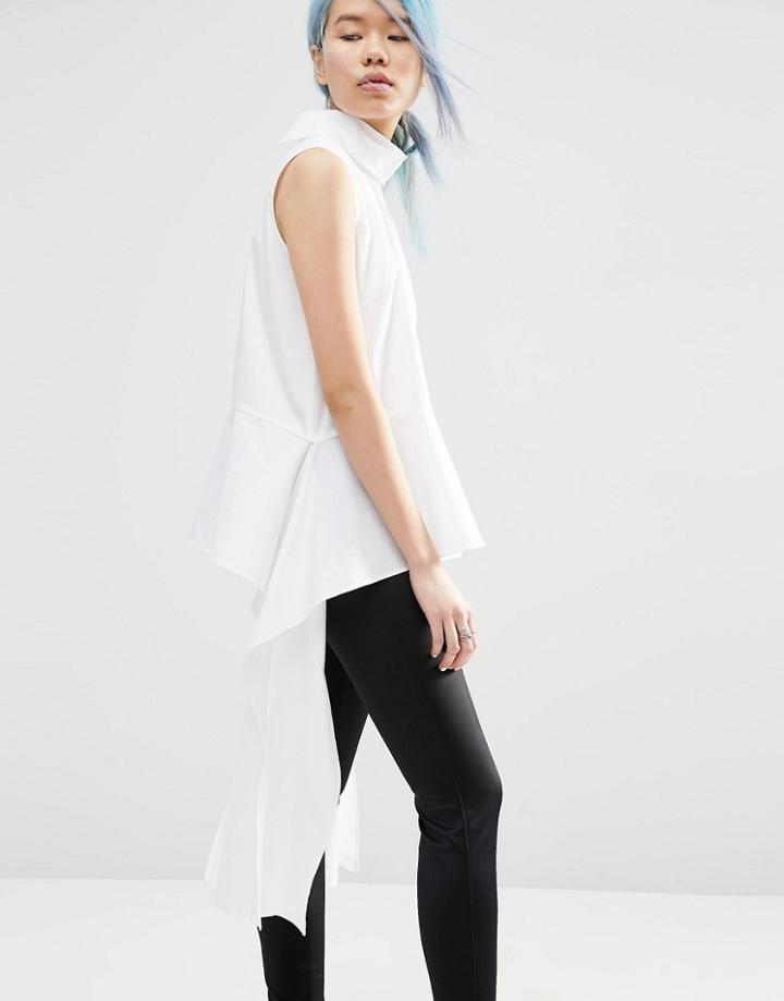Asos White Funnel Neck Sleeveless Top With Frill Detail - White