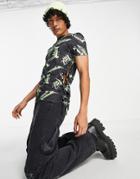 Asos Design Skinny Muscle T-shirt With Ruched Sides In Gothic Print-black