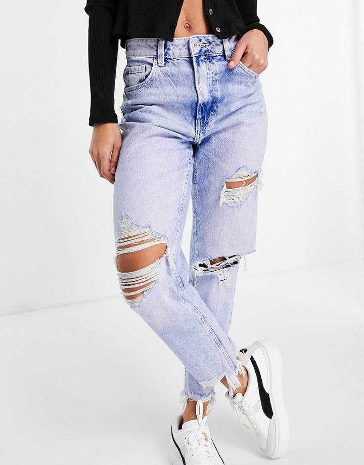 Bershka Organic Cotton Mom Jean With Distressed Hem In Bleach Blue-blues